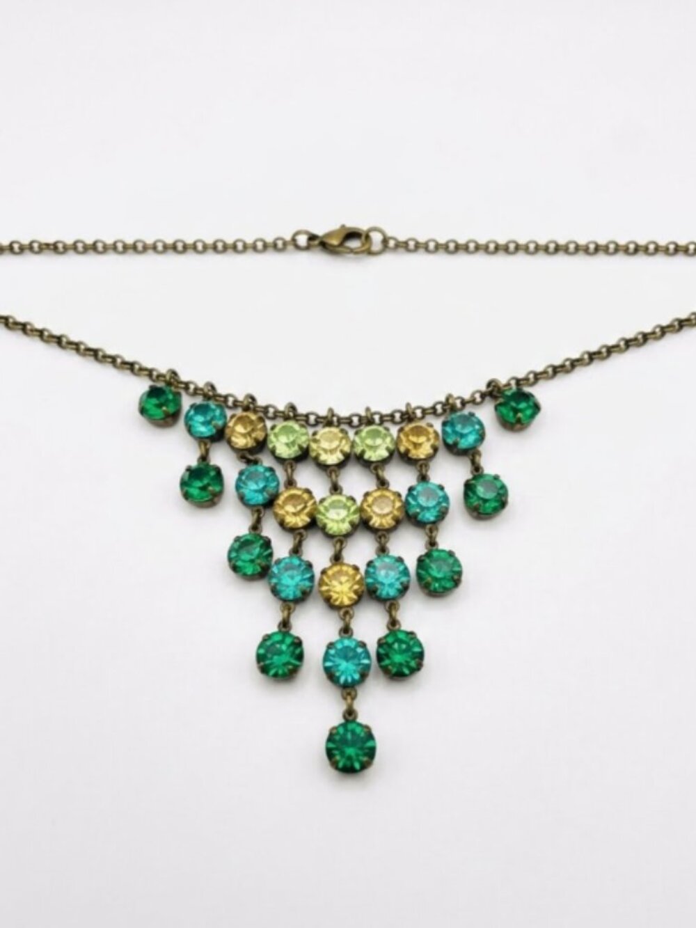 Green Teal Champagne Rhinestone Bib Necklace Gold Tone Statement #271